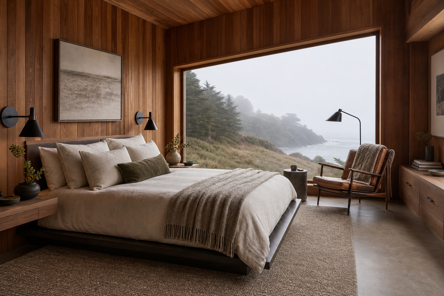 Sea Ranch bedroom with cedar walls, linen bedding, and foggy coastal view
