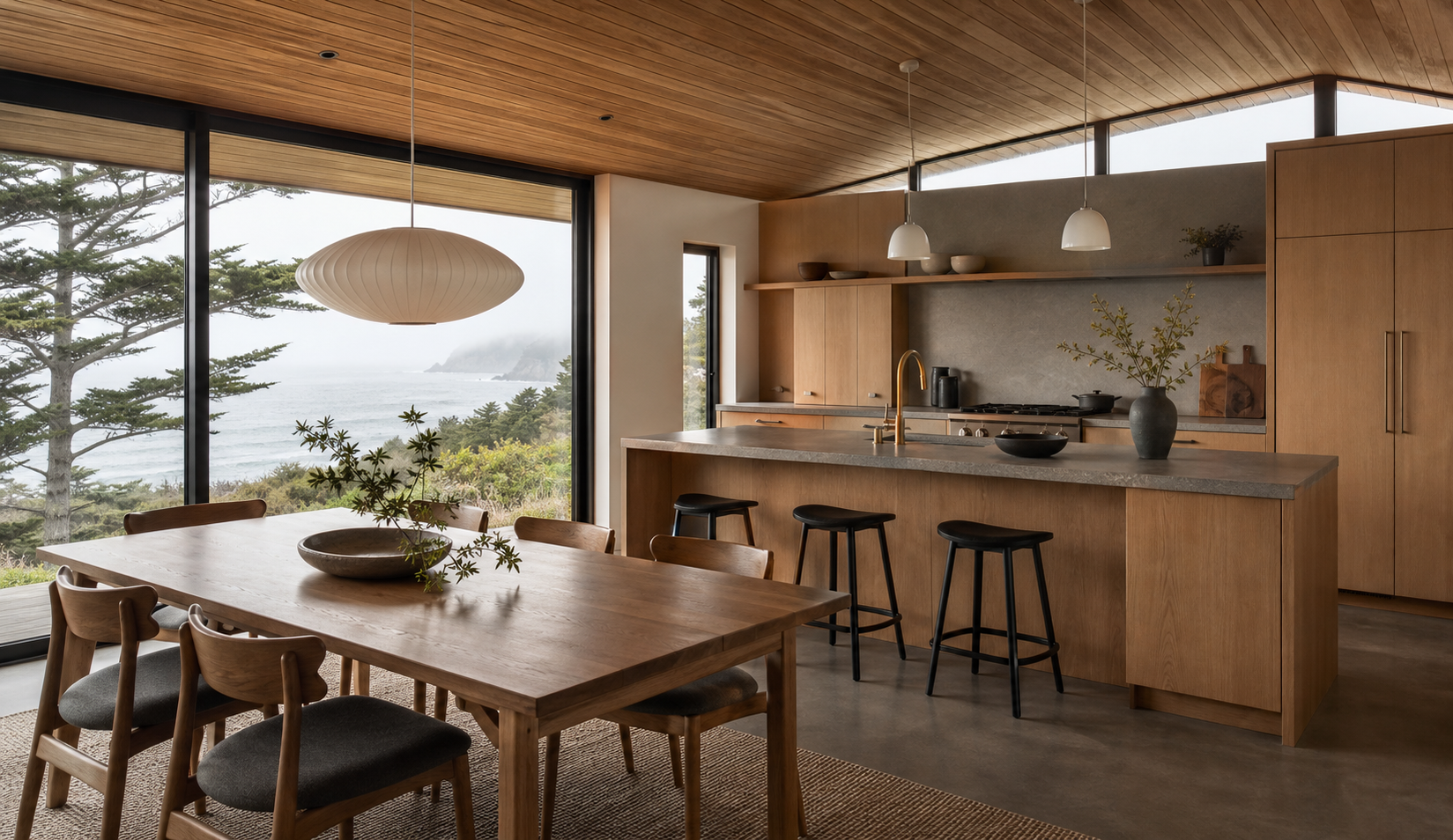 Sea Ranch kitchen with wood ceiling, stone counters, and coastal windows