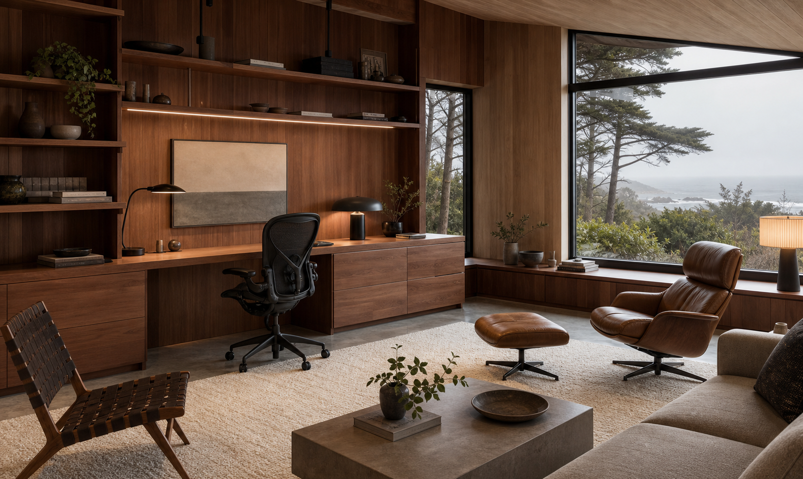 Sea Ranch home office with built-ins, lounge chair, and coastal windows